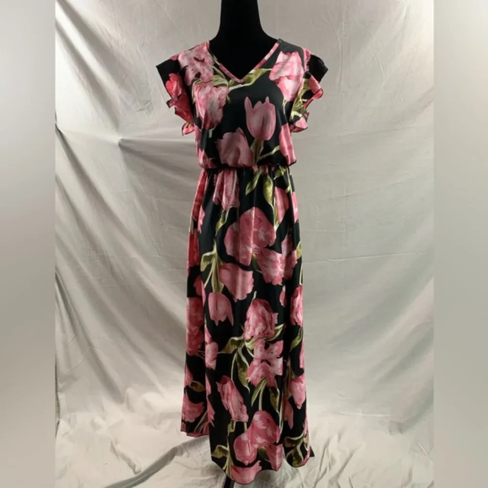 Pink/Black Floral Print Butterfly Sleeve Ruffle Trim Split Thigh Dress
